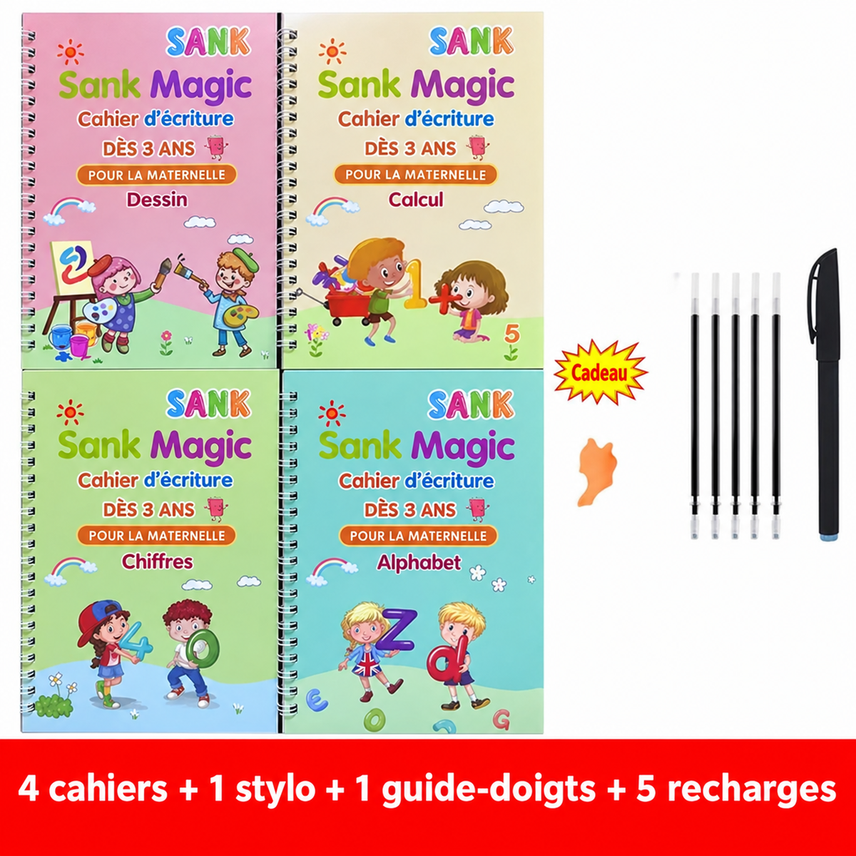 Cahiers d’écriture magiques avec stylo (4 pièces)